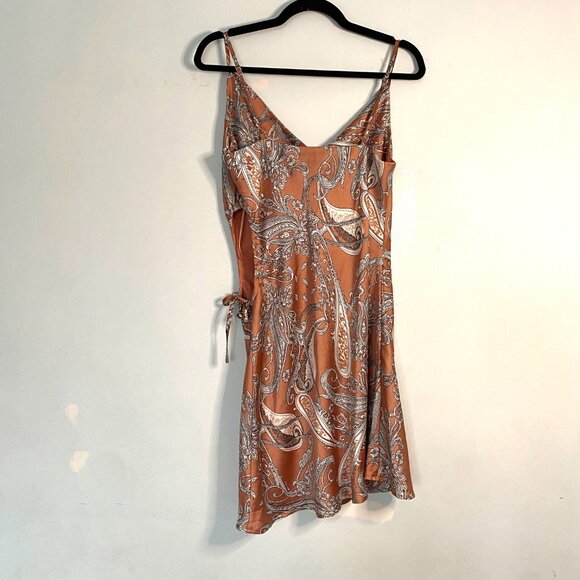 ACOA Satin Paisley Mini Dress in Rust & Cream with Side Tie & Cowl Neck | Size M - Picture 2 of 11